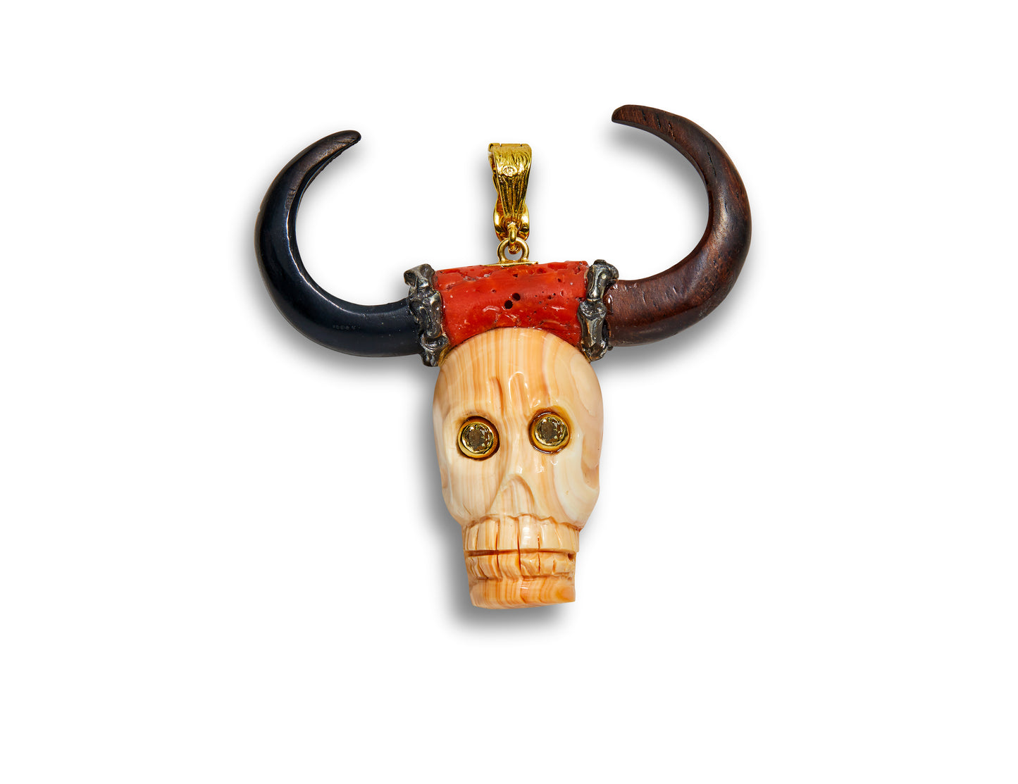 Cameo Shell Skull, Coral and Wood Pendant