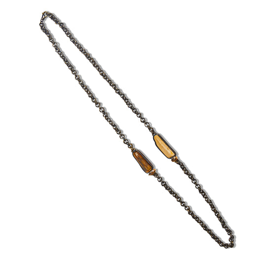 Chain Necklace with Petrified Wood and Fancy colored Diamonds