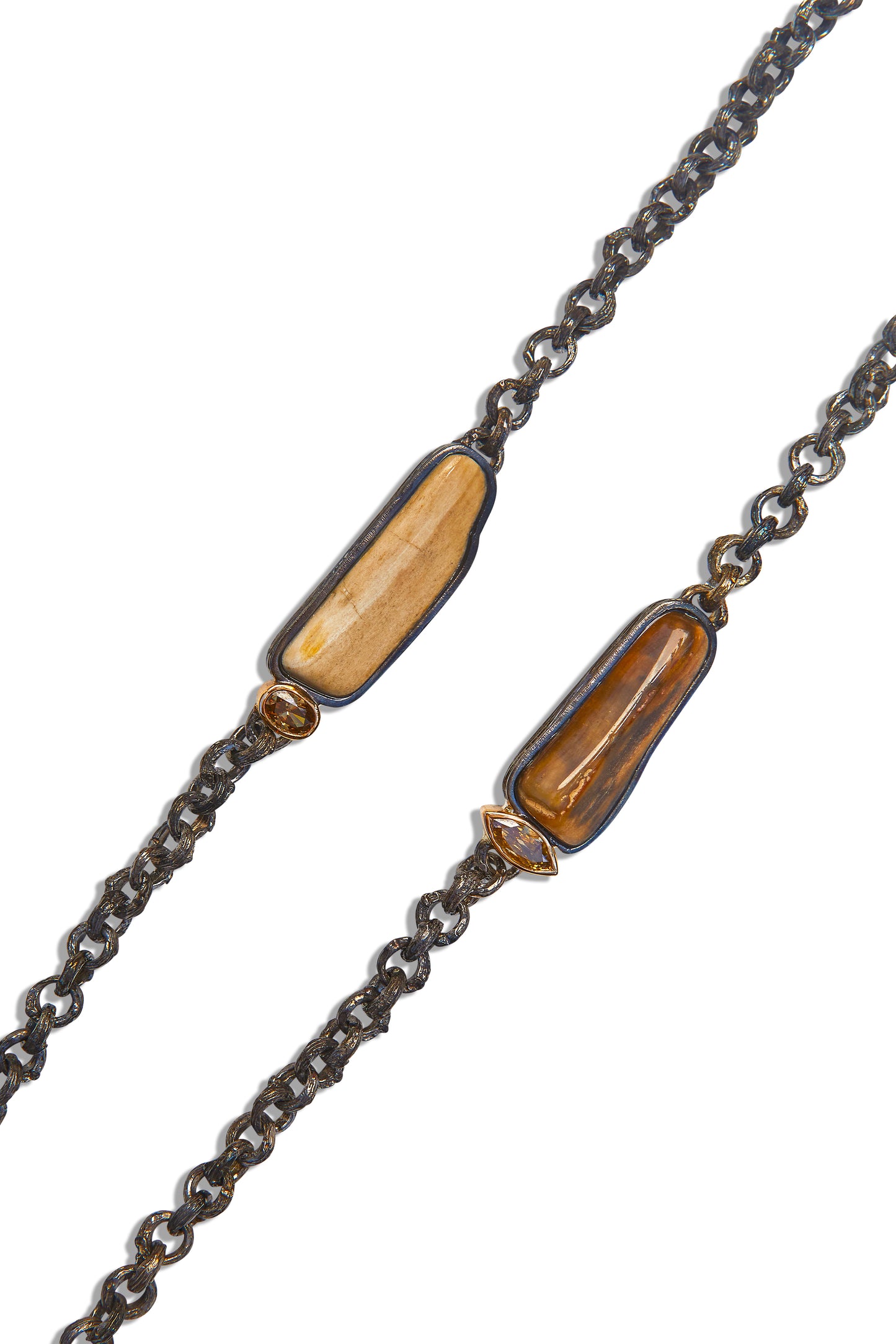Chain Necklace with Petrified Wood and Fancy colored Diamonds