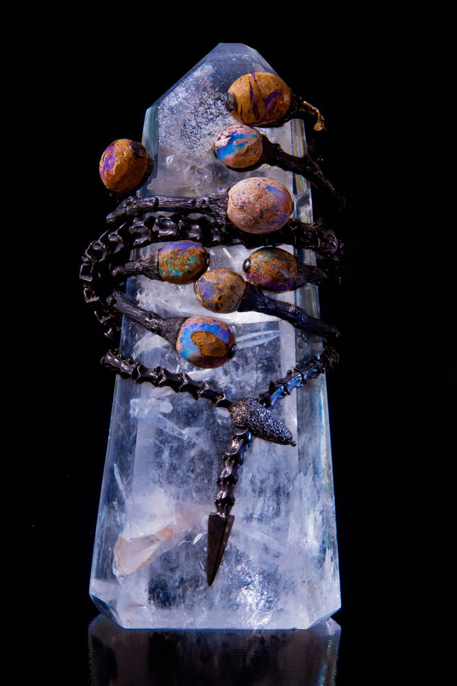 Au Natural Oxidized Silver and Opal Acorn Twig Cuff