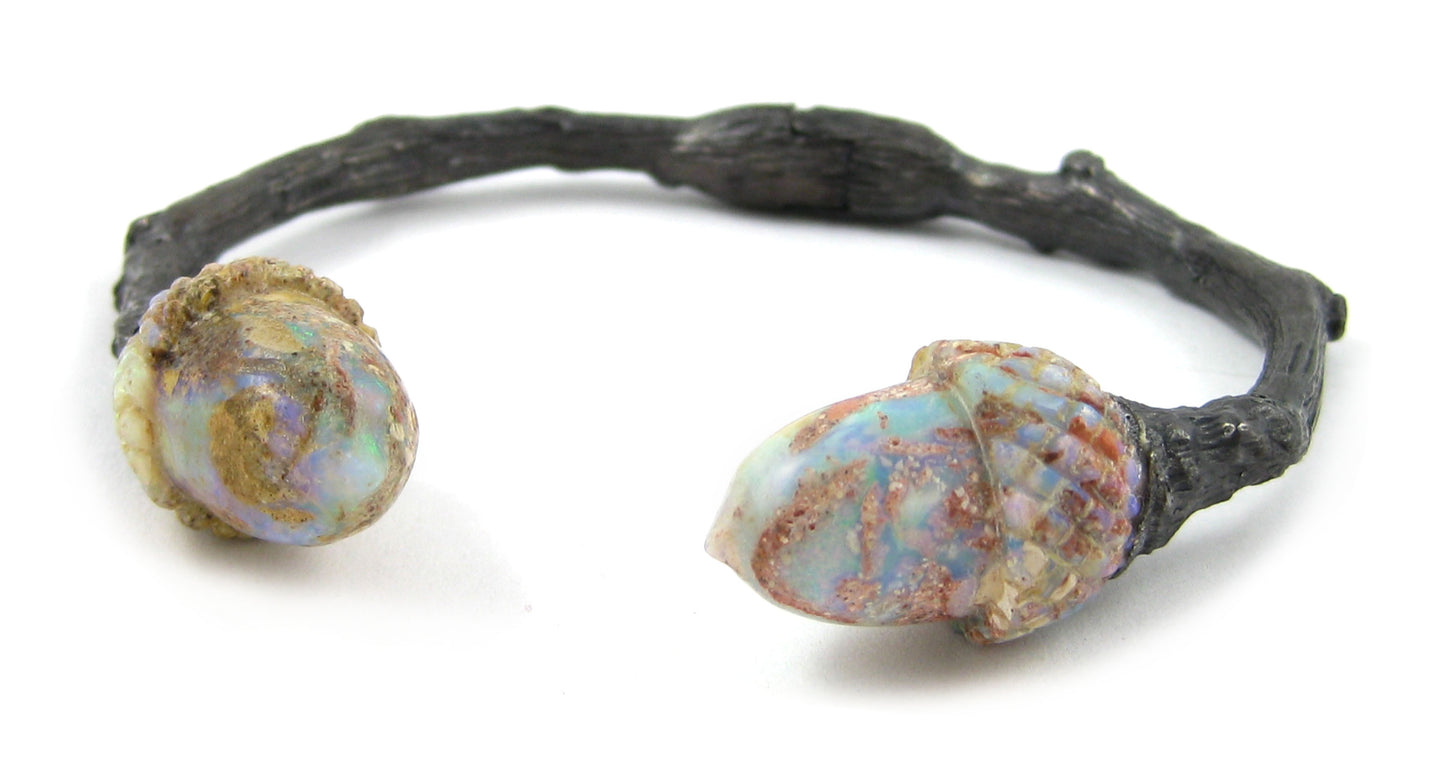 Au Natural Oxidized Silver and Opal Acorn Twig Cuff